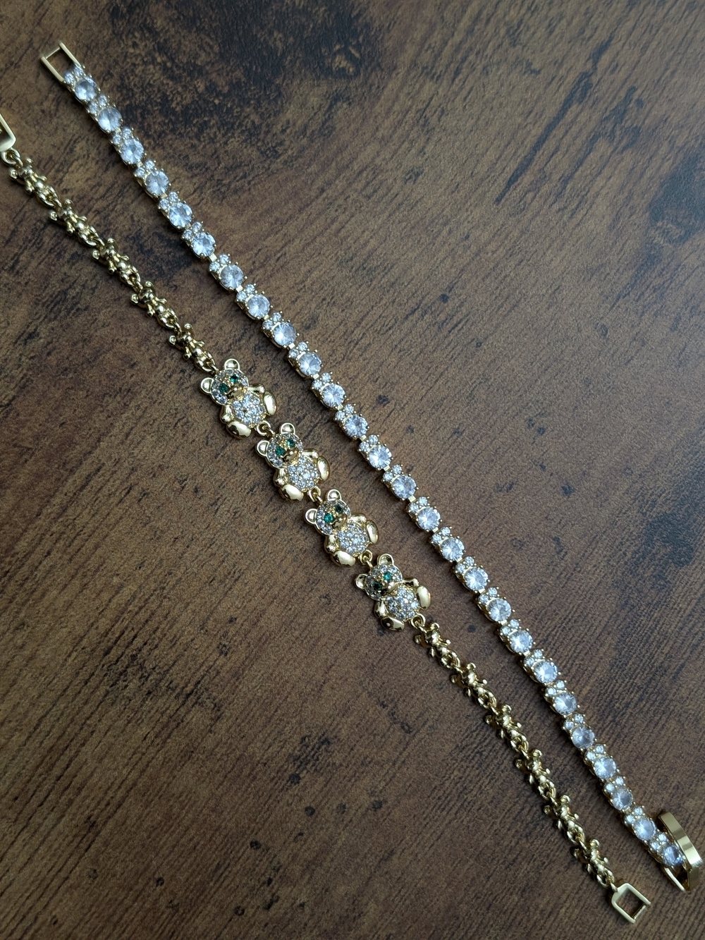 Gold Tone Teddy Bear Link Bracelet with White Crystal Accent Bracelet Set